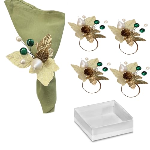 Angel Isabella Christmas Gold & Green Napkin Rings Set of 4 - Cloth Holder Decor