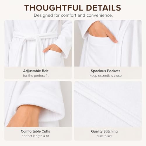 BIOLINEN White Cotton Shawl Collar Bathrobe with Slippers, One Size