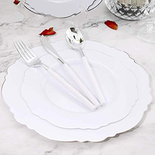 WDF 100pcs Silver Plastic Plates Set - Baroque Design for Weddings & Parties