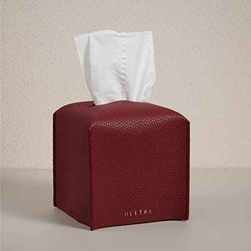 OLETHA Square Tissue Box Cover - Christmas Decorations Indoor Desk Decor for Room, Home & Office - Tissues Cube Boxes Holder - Red