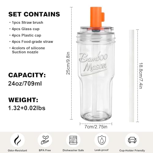 Glass Mason Jar Coffee Cup with Colorful Lids & Silicone Straws - 24oz Leakproof Tumbler Set - Reusable Eco-Friendly Drinkware for Iced Coffee & Matcha - 4 Pack