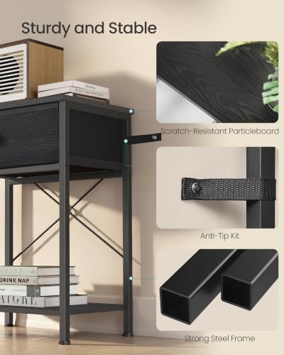 SONGMICS Black Nightstand with Fabric Drawer - Small Narrow End Table Set of 2