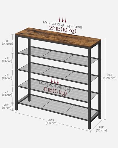 VASAGLE 5-Tier Shoe Rack Rustic Brown Mesh Shelves 16-20 Pairs, 11.8D x 39.4W