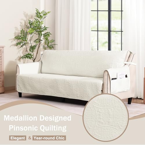 Quilted Sofa Slipcovers with Pockets, Anti-Slip Medallion Designed