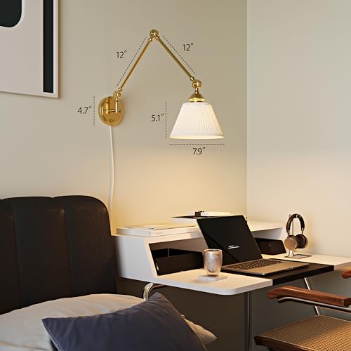 Gold Swing Arm Wall Sconce Set of 2 with Fabric Shades, Plug-in & Hardwired, Adjustable Reading Lights for Bedroom & Living Room - Beige Shade