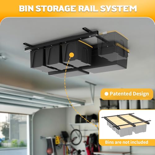 WALMANN Overhead Garage Storage Rails System Black - Ceiling Tote Rack for Heavy Loads