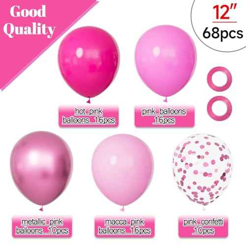68Pcs Pink Balloons Kit 12 Inch Metallic Pink Balloon, Pink Confetti Balloon and Baby Pink Party Balloons with Ribbons for Birthday, Wedding, Baby Shower, Graduation Decorations.