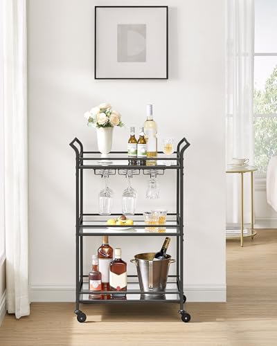 VASAGLE Black 3-Tier Bar Cart with Mirrored Glass Shelves, Portable & Sturdy