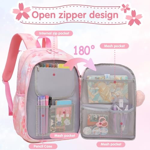 Girls Backpack School Bag 17 Inch Pink Kids Book Bag Multiple Pockets Splash-proof