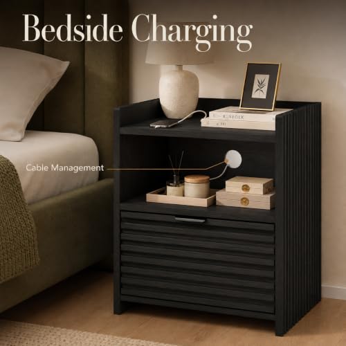 Black Oak Nightstand with Drawer - Modern End Table by Bon Augure