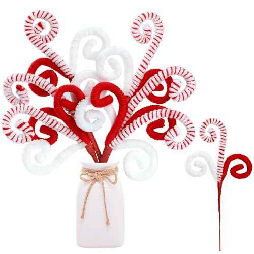Sggvecsy 6 Pcs Christmas Tree Decoration Woolen Bells Candy Cane Shape Picks Lollipop Curly Pick Ornaments Xmas Tree Topper for Vase Filler Home Office Decor (Red)