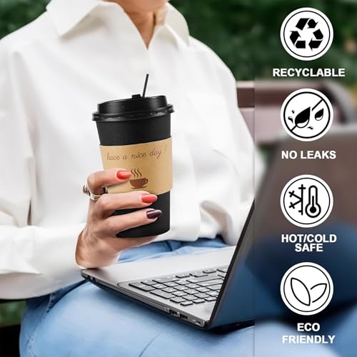 Clawsoff 100 Pack 16 oz Disposable Coffee Cups with Black Lids & Sleeves