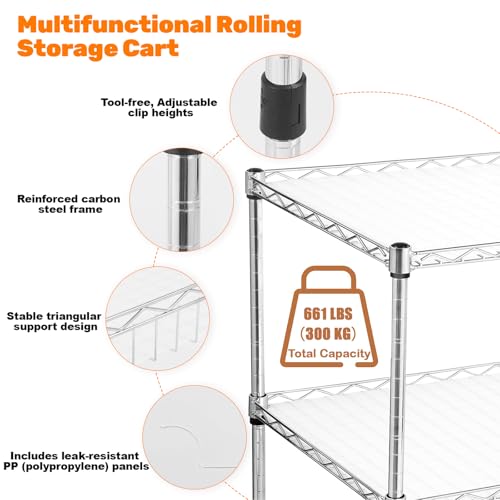 Heavy Duty 3-Tier Rolling Cart with Metal Wire Shelves & Locking Casters
