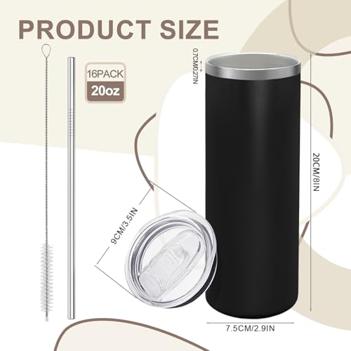 16-Pack 20oz Stainless Steel Insulated Tumblers with Lids & Straws Black