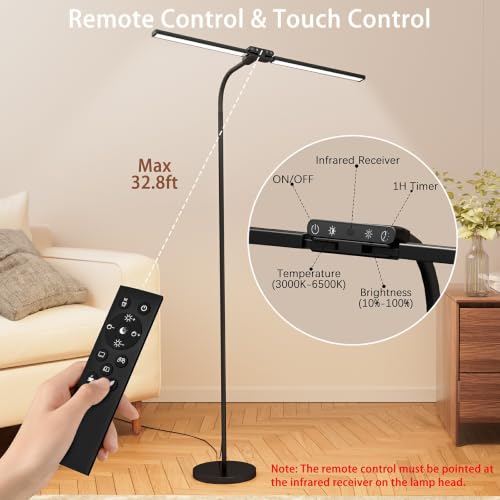 Black Dual-Head Dimmable LED Floor Lamp with Remote & Touch Control - Adjustable Gooseneck, Eye-Caring Tall Lamp for Living Room, Bedroom & Office