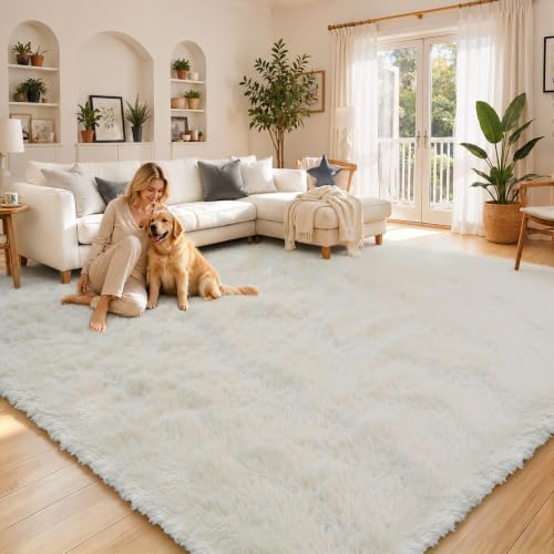 Cream 8x10 Shaggy Area Rug - Plush Furry Living Room Carpet, Large Size