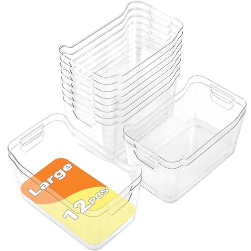 Large Clear Plastic Storage Bins - 12 Pack Pantry Organizers with Handles