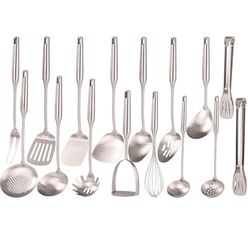 Stainless Steel Cooking Spoons Set 16 Pieces - All Metal Utensils, Includes Tongs & Ladles