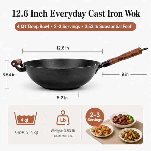 12.6 Inch Cast Iron Wok with Wooden Lid - Flat Bottom Chinese Stir Fry Pan