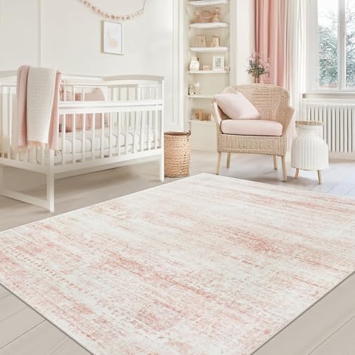 Pink Washable Area Rug 5x7 for Living Room & Bedroom - Pink-White, Soft & Cushioned