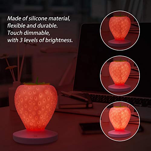 Strawberry Night Light, Cute Silicone Strawberry Lamp, LED Cute Night Light, Bedside Color Changing Lamp, 3 Modes Touch for Birthday, Christmas