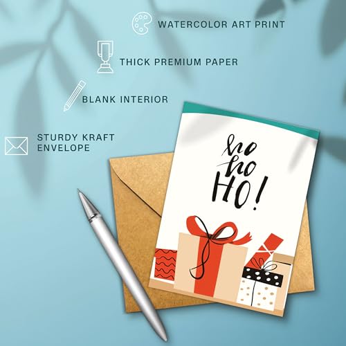 Ho Ho Ho Christmas Card with Festive Gift Box Illustration - Holiday Greeting Card for Friends & Family