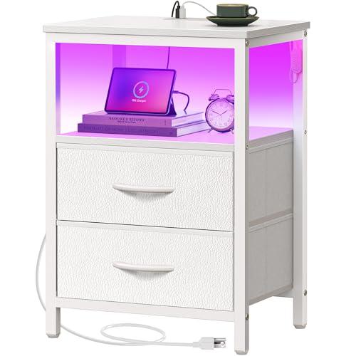 Huuger White Night Stand with Charging Station & LED Lights, 2 Drawer, 11.8"D x 15.7"W x 23.6"H