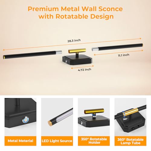 Battery Operated Wall Sconces Set of 2 - 360° Rotatable, Dimmable, Black Square Base