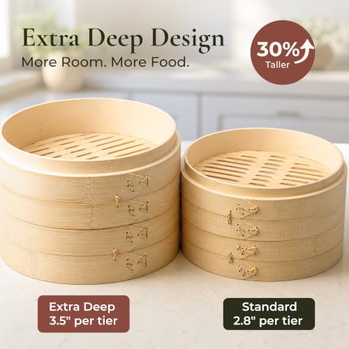 10-Inch Extra Deep Bamboo Steamer Basket Set with Ring Adapter for Pot or Wok
