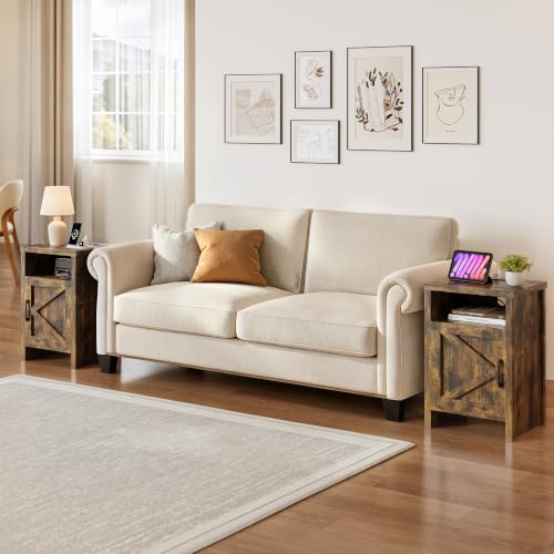 MXV Nightstand Set of 2 with Charging Station - Farmhouse End Tables with Storage