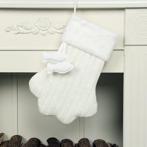 E-FirstFeeling Knit Cat Paw Christmas Stocking with Faux Fur Cuff - White, Large Holiday Decor
