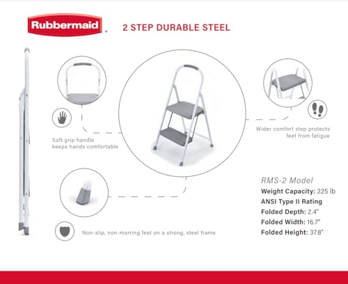 Rubbermaid 2-Step Steel Step Stool Ladder with Hand Grip, ANSI Type 2