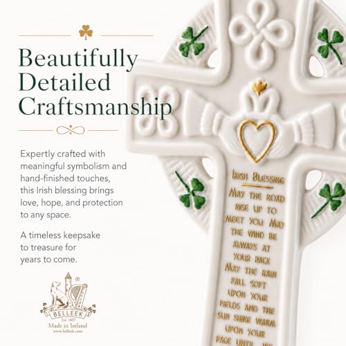 Belleek Claddagh Blessing Cross, 4.9in Irish Parian China Gift, Made in Ireland - Variation Claddagh / Blessing Cross