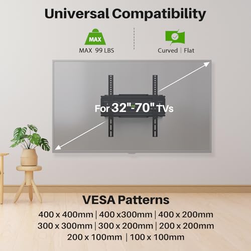 Full Motion TV Wall Mount for 32-70 Inch TVs up to 99 lbs - Swivel & Tilt, Dual Arms, VESA 400x400mm, Fits 12/16 Inch Wood Studs - Variation of 32-70 inch, 99 lb