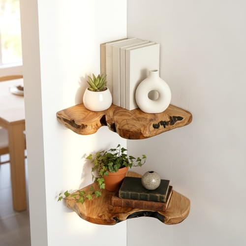 Live Edge Cedar Corner Shelves Set of 2 - Floating Wall Storage for Home & Office