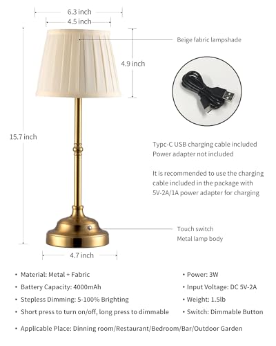 KDG Gold & Beige Cordless LED Table Lamps Set of 2, Rechargeable Touch-Control Desk Lights
