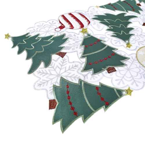 Christmas Tree Table Runner Christmas Ball 72 inches Long Green White Snowflake Embroidered Xmas Decoration Festive Holiday Cutwork Dining Table 70IN