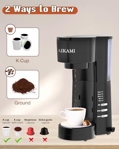 AIKAMI 4-in-1 Single Serve Coffee Maker with Milk Frother & Grinder, K-Cup & Grounds, 30oz Water Reservoir