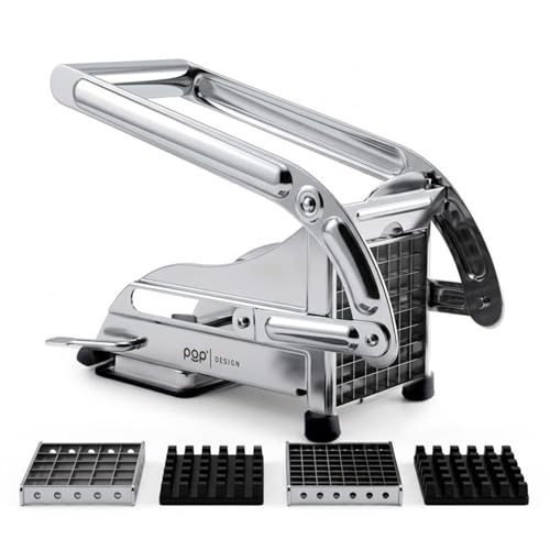 French Fry Cutter with 2 Blade Sizes - Commercial Stainless Steel Potato & Vegetable Slicer, Suction Base, Dishwasher Safe