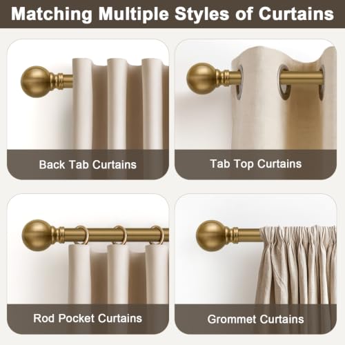 Immiehh Warm Gold Curtain Rod 72-144 Inch Heavy Duty Brass Support with Finials - Adjustable Window Rod