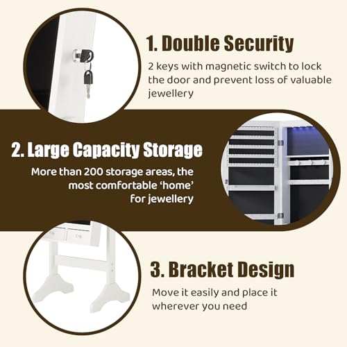 Sweetcrispy White Freestanding Jewelry Armoire Cabinet with Mirror, 60.24''H, 15.75''D