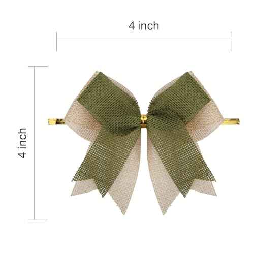12 Pcs Double-Layered Burlap Bows 4 Inch Hanging Bows Rustic Bow Decor for Christmas Trees Holiday Farmhouse Fall Wreath Decoration (Sage Green)