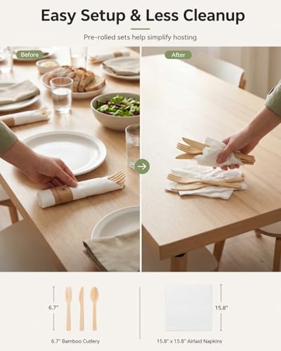 Pre Rolled Bamboo Cutlery Set with Napkins - 100 Pack Eco-Friendly Disposable Utensils