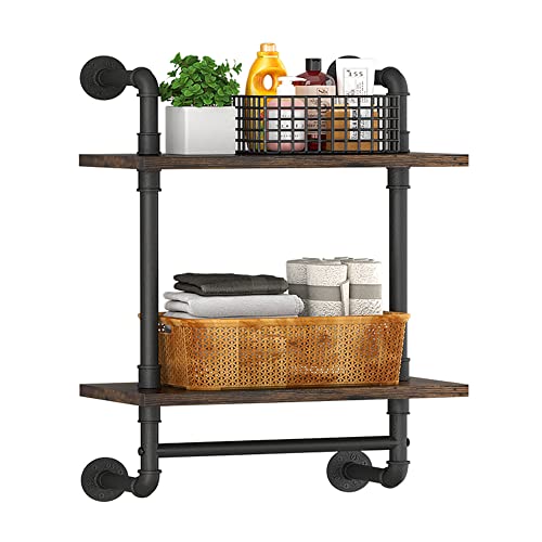 Brown 16-Inch Industrial Pipe Floating Bathroom Shelf with Towel Bar - Rustic Wall Storage