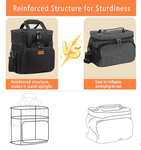 GLENKEY Large Black Expandable Insulated Leakproof Lunch Bag for Work & Outdoors - 16L