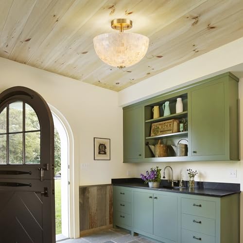D12" Brass Close to Ceiling Capiz Shell Pendant Light - Coastal Style