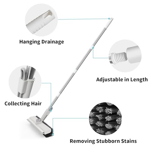 White 3-in-1 Floor Scrub Brush with Long Handle - Heavy-Duty Stiff Bristles & Scraper, 2 Pack