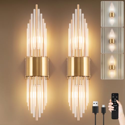 Cheerful Lee Gold Crystal Wall Sconce Set of 2 - Wireless Dimmable Vanity Lights for Bedroom Hallway