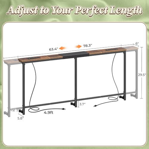Huuger Extendable Behind Couch Table with Outlets, Rustic Brown 63.4-78.3"
