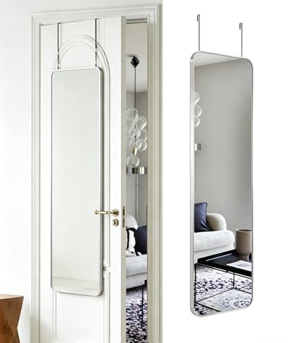 DMWOODFL 48x14 Rounded Rectangle Over The Door Mirror Silver White No Drill Installation